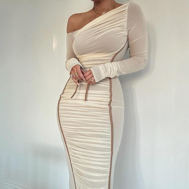 Diagonal Collar Long Sleeve High Waist Mesh Dress
