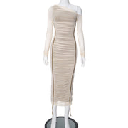 Diagonal Collar Long Sleeve High Waist Mesh Dress