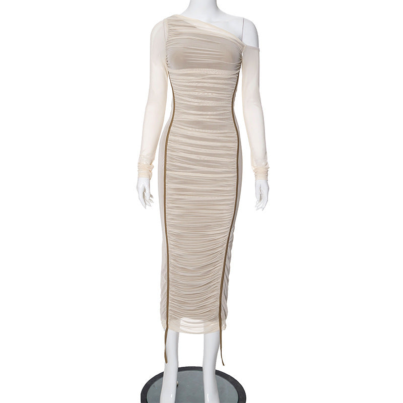 Diagonal Collar Long Sleeve High Waist Mesh Dress