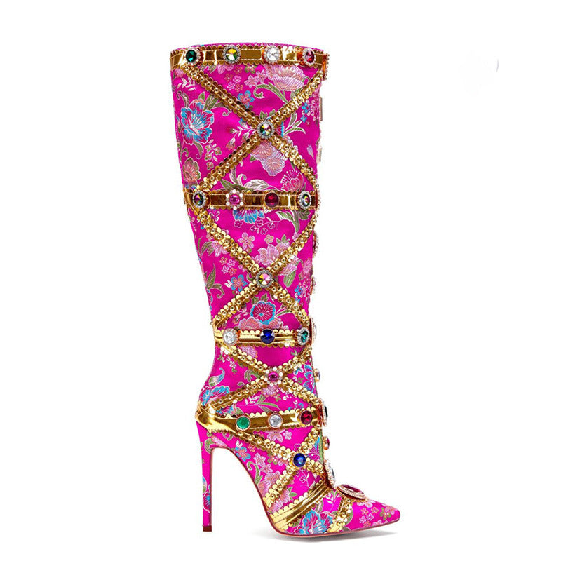 Luxe Jewel Embellished Embroidered Knee-High Boots