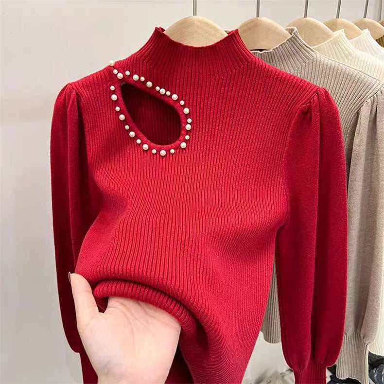 Beaded Half Turtleneck Puff Sleeve Long Sleeve Bottoming Top