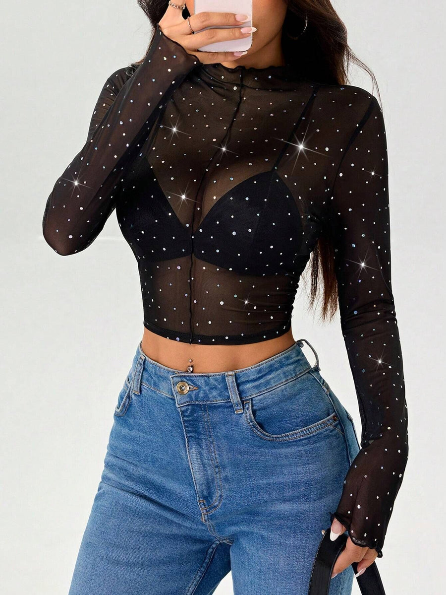Shine with this Stand-up Collar Long-sleeved Mesh Transparent Sequined Decorative Top