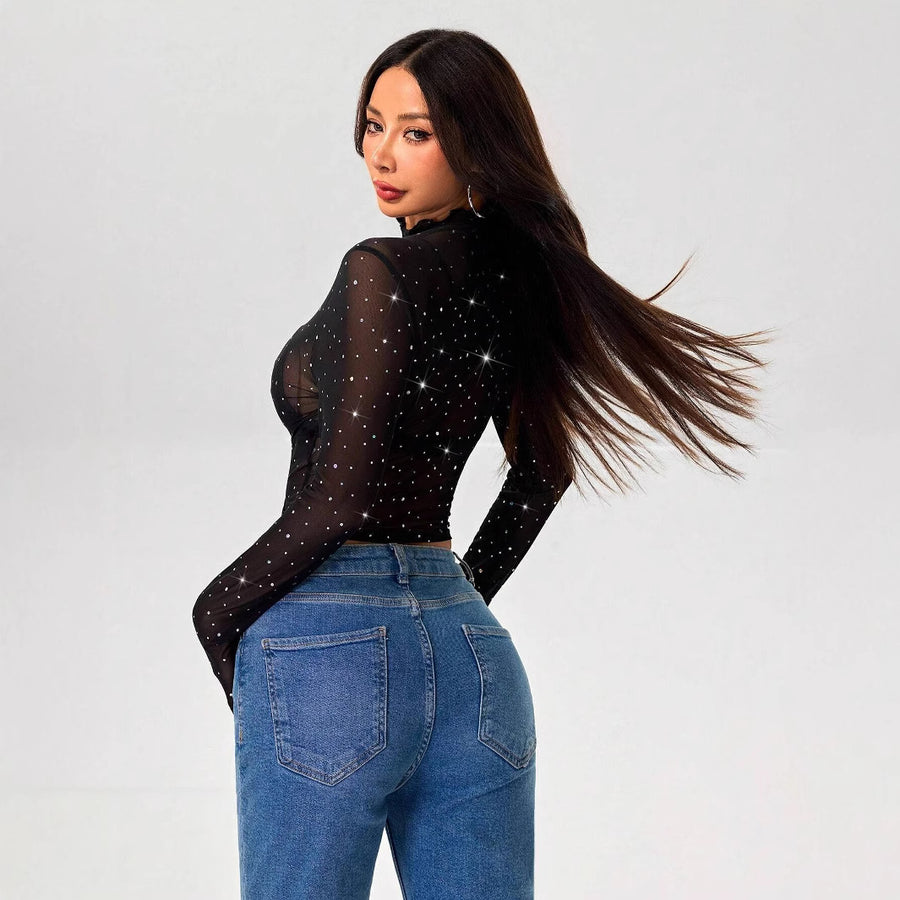 Shine with this Stand-up Collar Long-sleeved Mesh Transparent Sequined Decorative Top