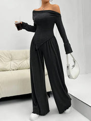 Solid-color Elegant Off-shoulder Sleeveless Shirt And Wide-leg Pants Set