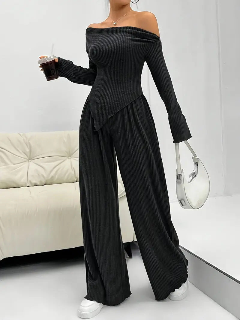 Solid-color Elegant Off-shoulder Sleeveless Shirt And Wide-leg Pants Set