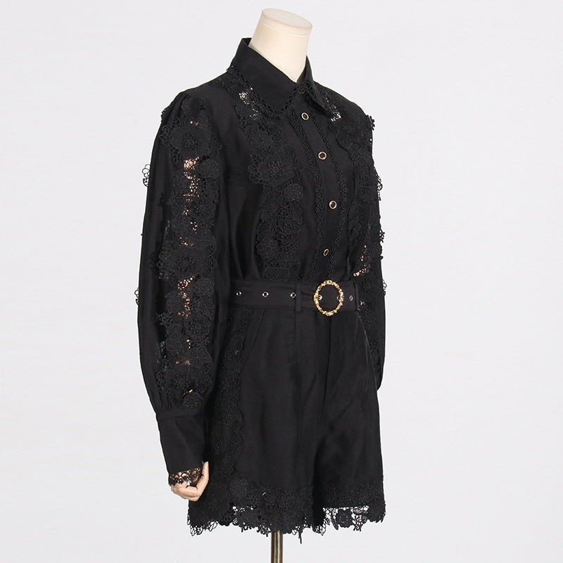 French Style Temperament Elegant Style Fashion Polo Collar Embroidered Lace Shirt Shorts Suit
