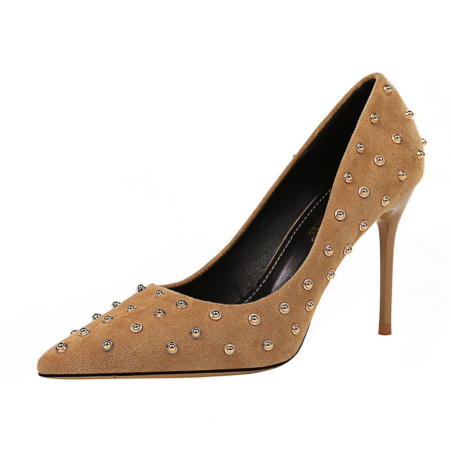 Sexy Korean Style Khaki Suede Rivet Pointed Stiletto Heels