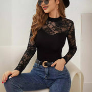 Lace Stitching Long-sleeved Stand Collar Pullover Base Top