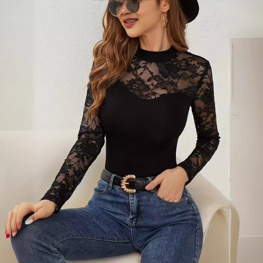 Lace Stitching Long-sleeved Stand Collar Pullover Base Top