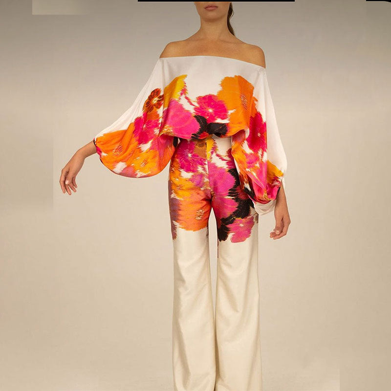 Chic Printed Batwing Sleeve Top & Wide-Leg Pants Set