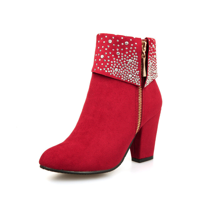Elegant Rhinestone Nubuck Ankle Boots