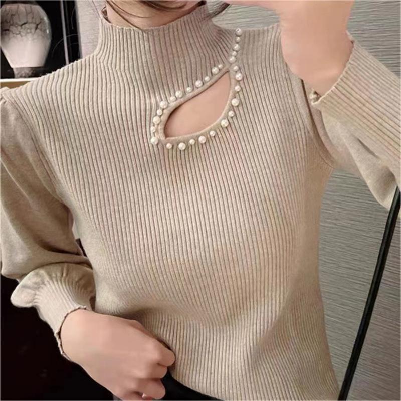Beaded Half Turtleneck Puff Sleeve Long Sleeve Bottoming Top