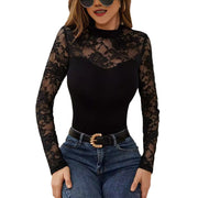 Lace Stitching Long-sleeved Stand Collar Pullover Base Top