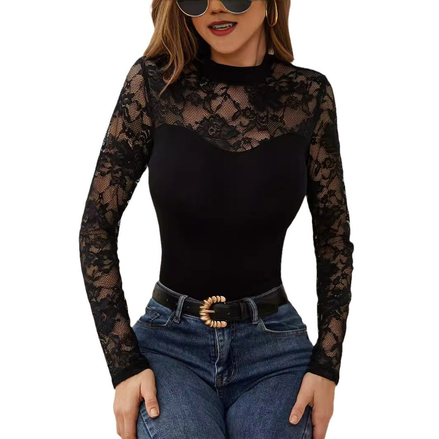 Lace Stitching Long-sleeved Stand Collar Pullover Base Top