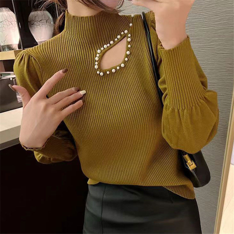 Beaded Half Turtleneck Puff Sleeve Long Sleeve Bottoming Top