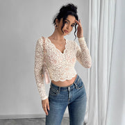 Sexy Lace Vintage-style V-neck Long Sleeve Top