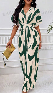 Print V-Neck Batwing Sleeve Cool Jumpsuit