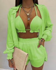 3pcs Print Beach Suits Wtih Lapel Long Sleeve Shirt Sexy Bra And Elastic Shorts Fashion Printed Set Clothing For Women