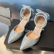 Glam Black Sequin Bow Pointed Toe Heels