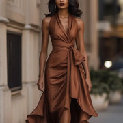 Elegant Deep V-neck Irregular Sexy Saten Dress