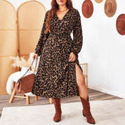 Elegant Sexy Leopard-Print V-Neck Plus-Size Dress