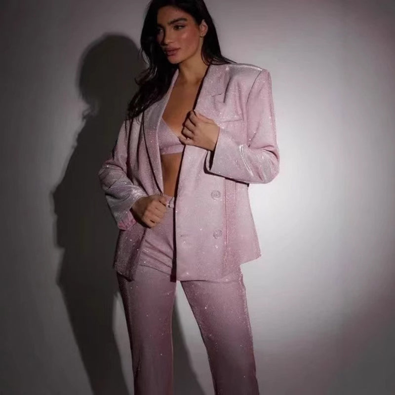 Super Sexy 3pcs Shiny Long-sleeved Suit With Bra Lapel Blazer And Straight-leg Trousers