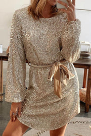 Slim Fit Lantern Sleeve Round Neck Belt Sequined Dress
