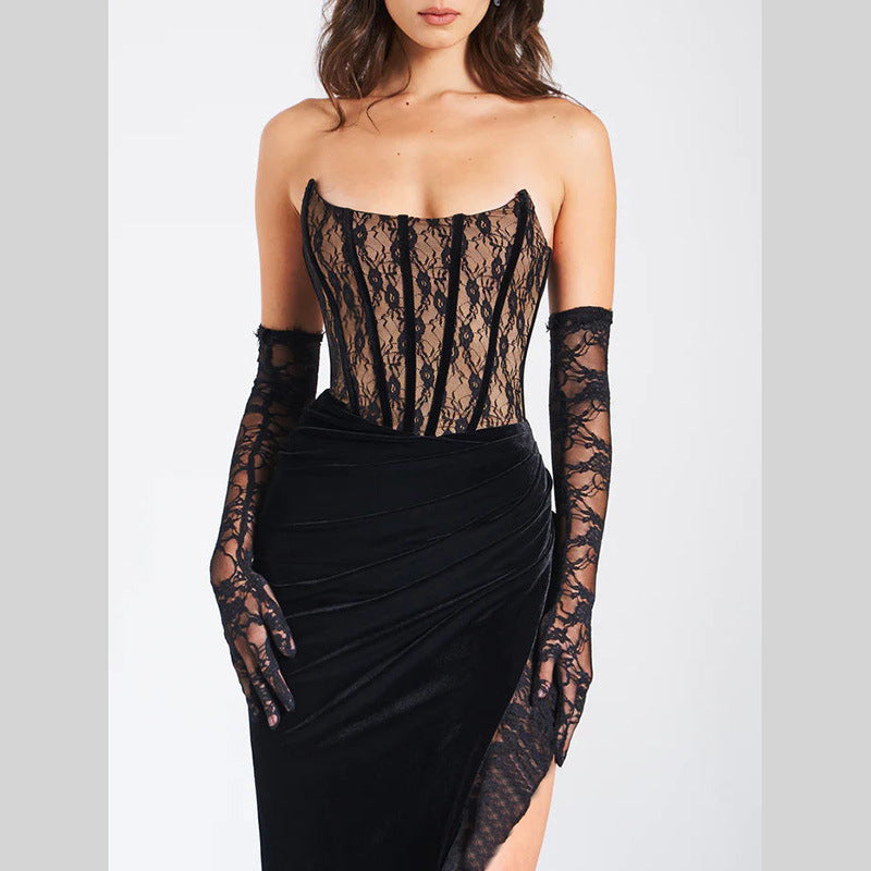 Sexy Lace Velvet Patchwork Dress