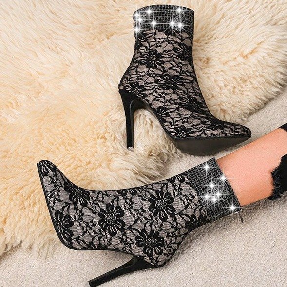 Sexy Lace Mesh Mid Heel Boots