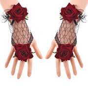 Vintage Lace Gloves with Burgundy Rose Bracelet