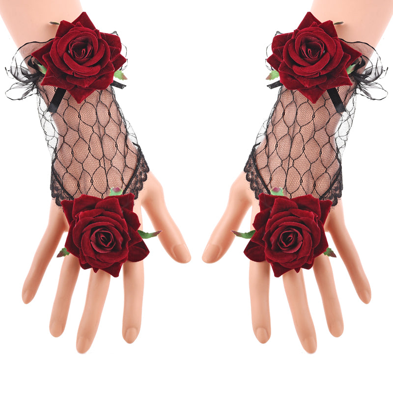 Vintage Lace Gloves with Burgundy Rose Bracelet