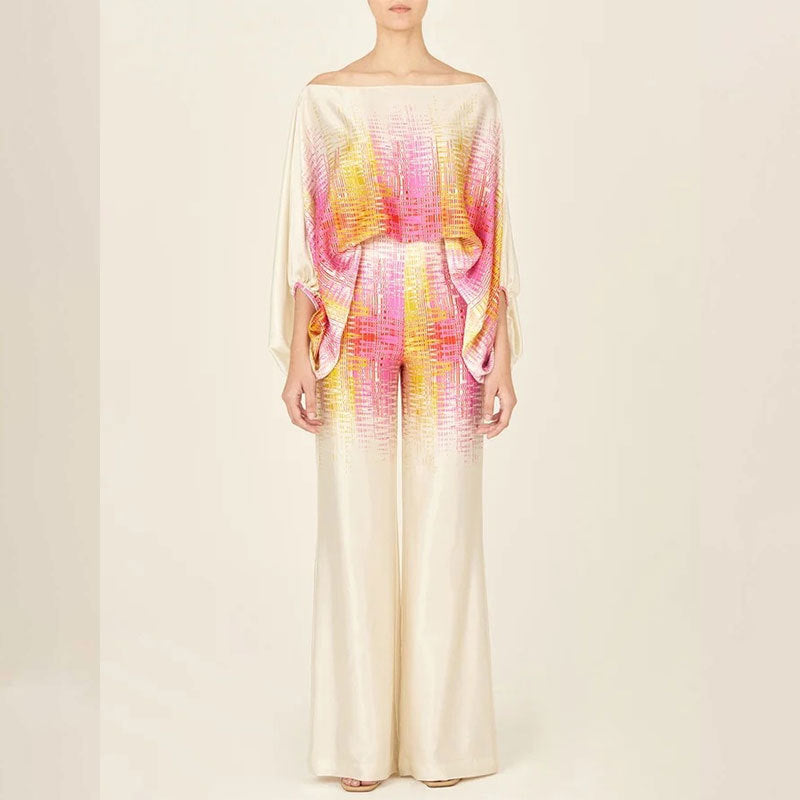 Chic Printed Batwing Sleeve Top & Wide-Leg Pants Set