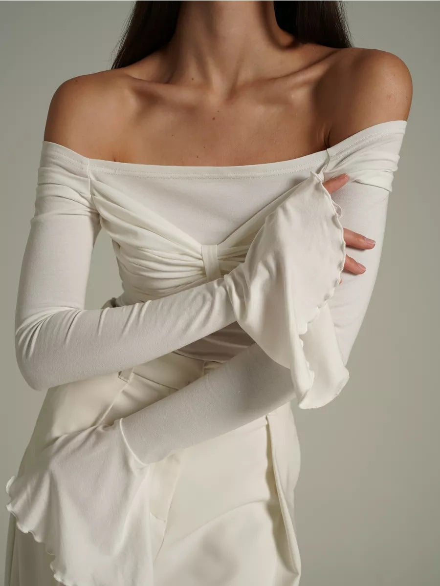Sexy Off-shoulder Slim-fit Mesh Flared-sleeve Long Sleeve Top