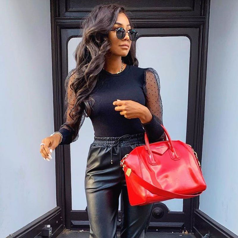 Mesh long sleeve patchwork sexy women's jumpsuit