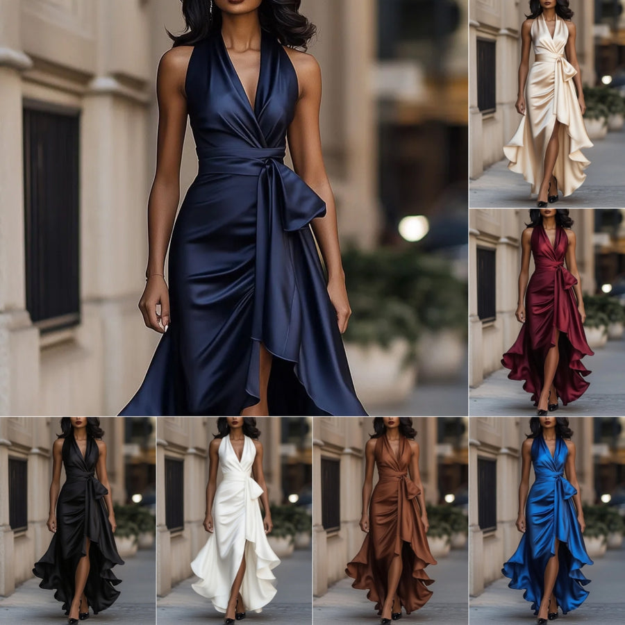 Elegant Deep V-neck Irregular Sexy Saten Dress