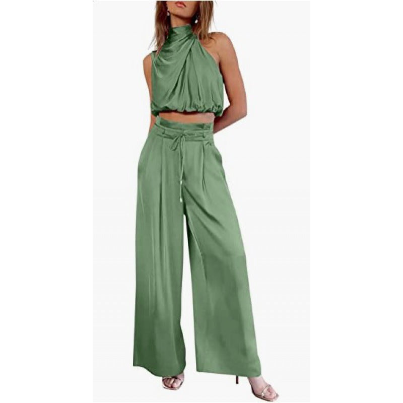 Chic Sleeveless Crop Top & Wide-Leg Pants Set
