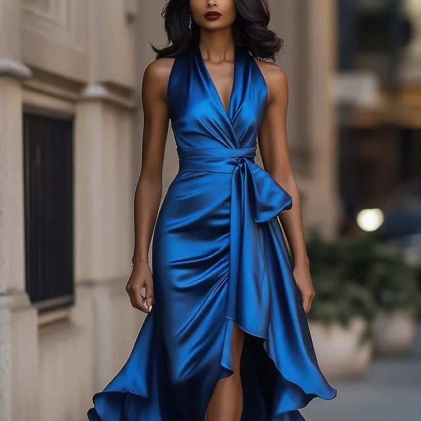 Elegant Deep V-neck Irregular Sexy Saten Dress