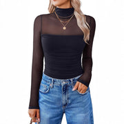 Round Neck Mesh Stitching Sheer Long Sleeve Top