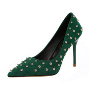 Sexy Korean Style Khaki Suede Rivet Pointed Stiletto Heels