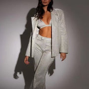 Super Sexy 3pcs Shiny Long-sleeved Suit With Bra Lapel Blazer And Straight-leg Trousers