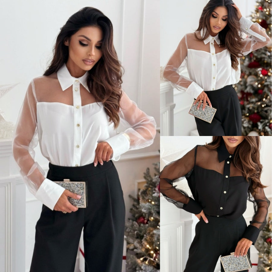 Elegant Polo Collar Long Sleeve Mesh Stitching Shirt