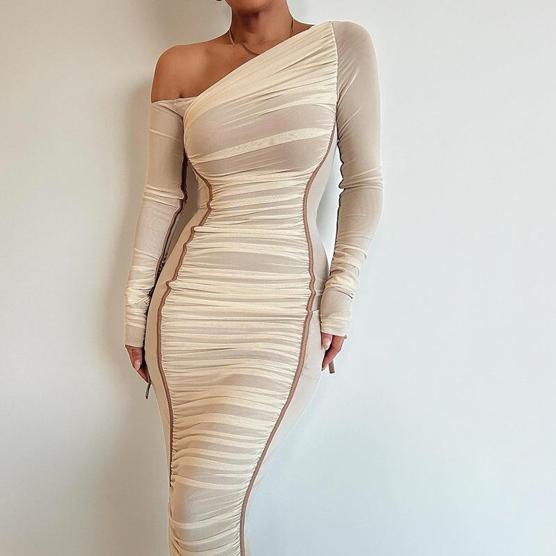 Diagonal Collar Long Sleeve High Waist Mesh Dress