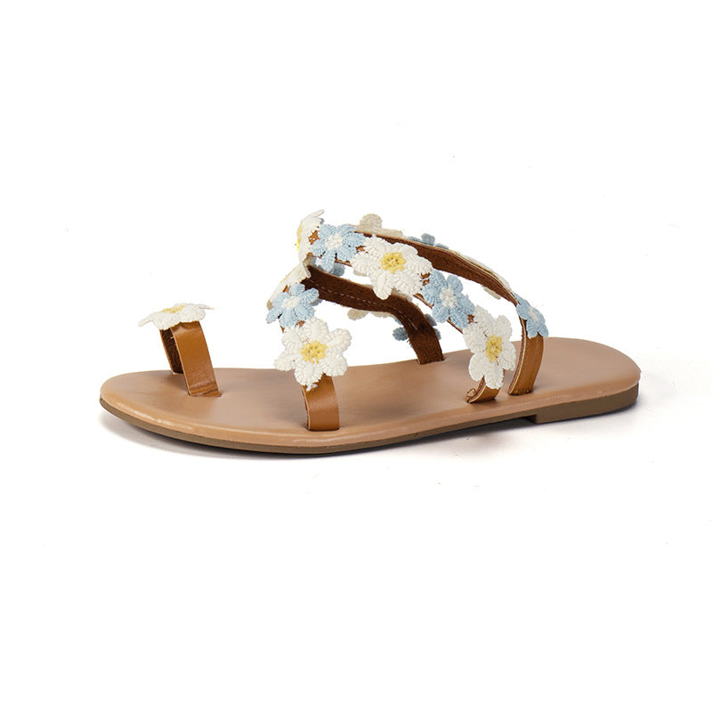 Chic Flower Toe Ring Flat Sandals