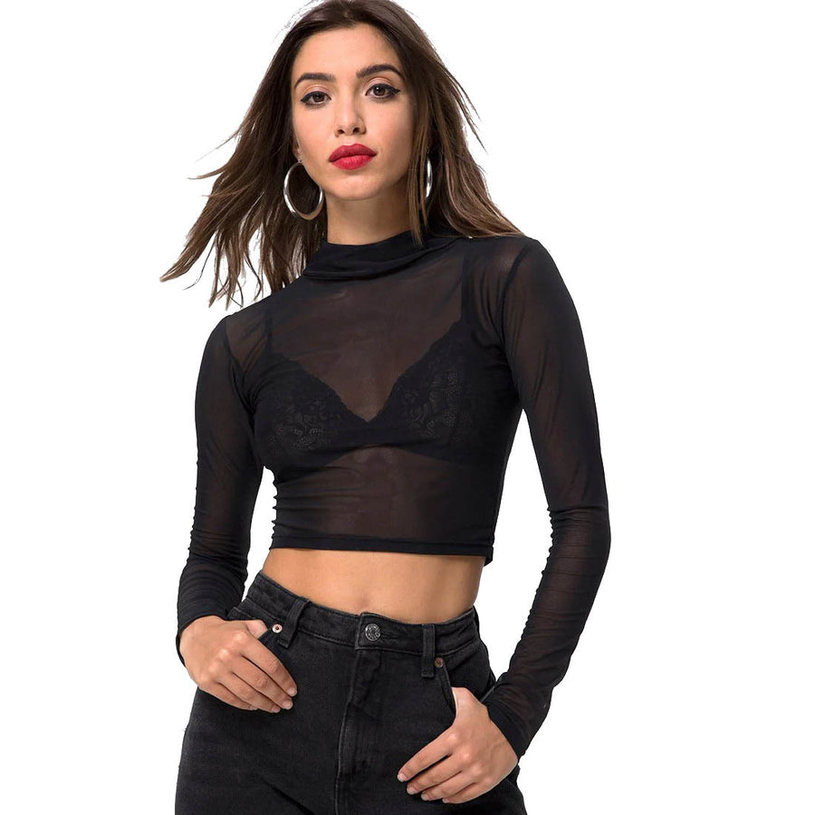 Simple And Sexy Slim-fit See-through Tight Long Sleeve Mesh Top