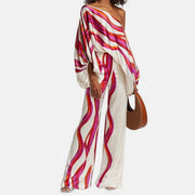 Chic Printed Batwing Sleeve Top & Wide-Leg Pants Set