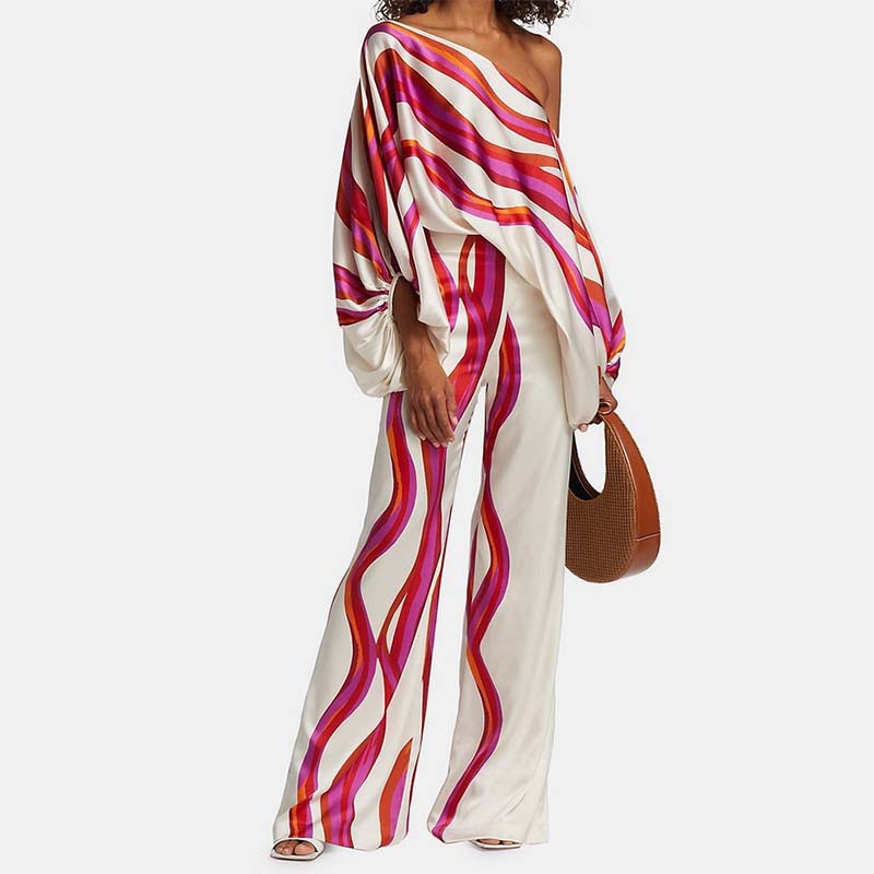 Chic Printed Batwing Sleeve Top & Wide-Leg Pants Set