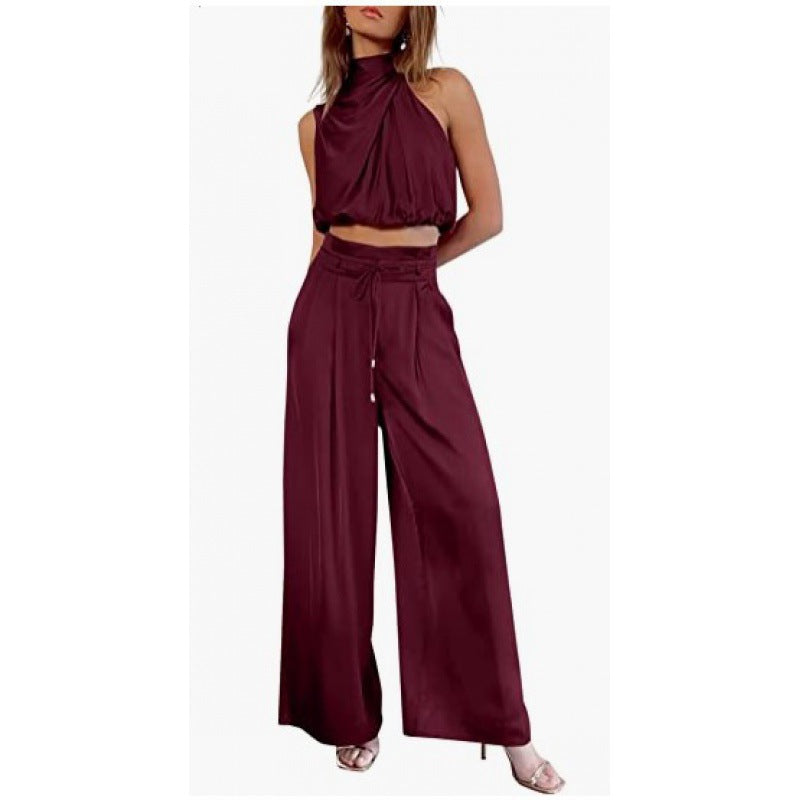 Chic Sleeveless Crop Top & Wide-Leg Pants Set