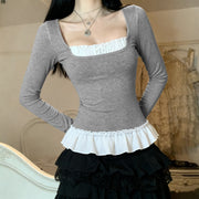 Casual Fake Two-Piece Lace Long Sleeve Top