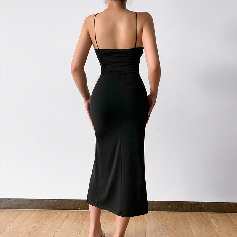 Slim Black Suspender Classic Long Dress