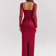 Wine Red Lace Stitching Tied Long Sleeves HOT Dress